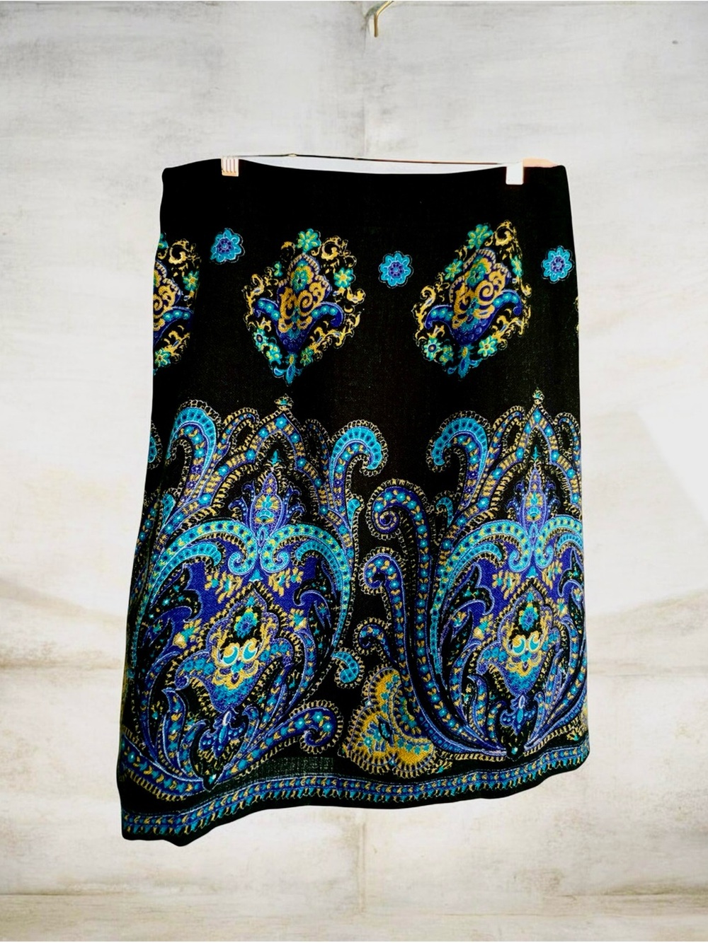 Lands’ End Wool Skirt - Black Purple Teal Gold Paisley Knee-Length Skirt